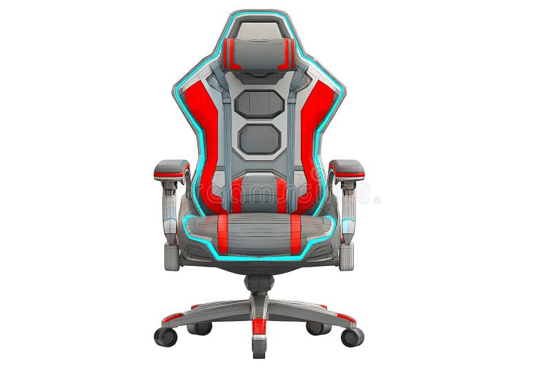 Sedia di gioco futuristica Design Red and Gray Ergonomics Office. Questa immagine mostra una sedia da gioco moderna ed elegante. La sedia è dotata di un'estetica futuristica con accenti rossi e grigi e illuminazione a LED blu. Questo rendering 3D di alta qualità è perfetto per mostrare gli accessori per videogame, la tecnologia o i contenuti di stile di vita