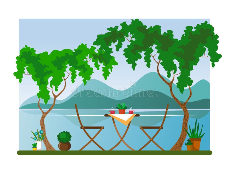 Sedia e tavola con caffè caldo agli alberi crescenti che trascurano il fiume e le montagne Illustrazione di vettore illustrazione di stock Sedia e tavola con caffè caldo agli alberi crescenti che trascurano il fiume e le montagne Illustrazione di vettore illustrazione di stock