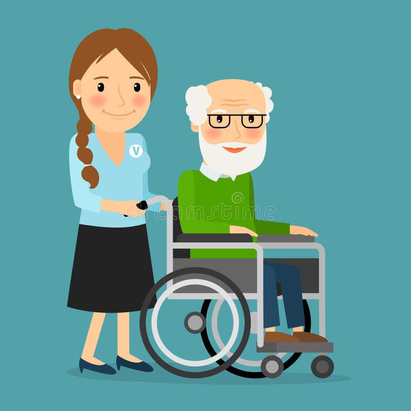 Volunteer pushing wheelchair with disabled old man. Helping elderly and sick people. Vector illustration. Volunteer pushing wheelchair with disabled old man. Helping elderly and sick people. Vector illustration.
