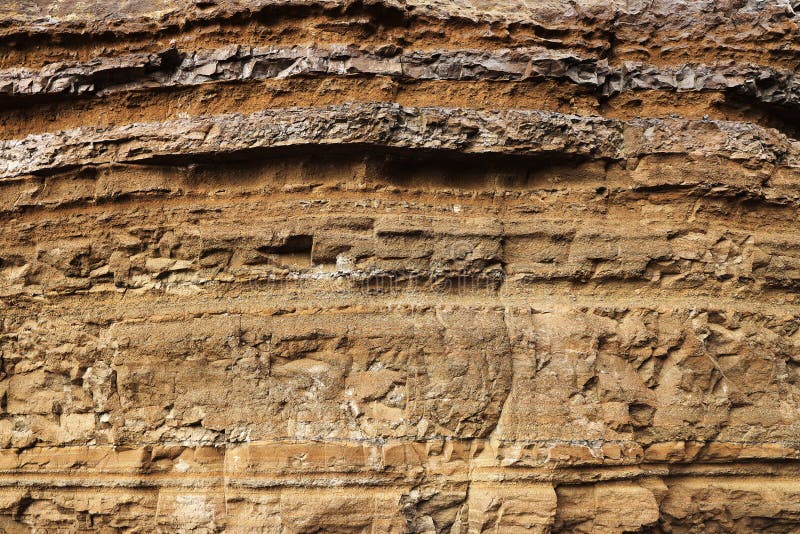 Geological layers of earth - layered rock. Close-up of sedimentary rock in Iceland.