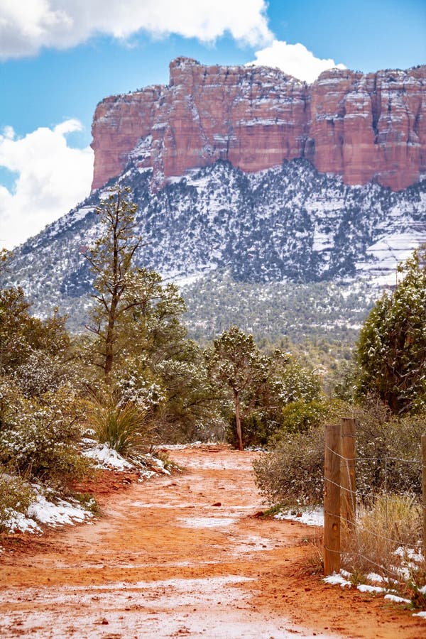 Sedona Arizona Trail with Red Rock Mountains in the Distance with Snow