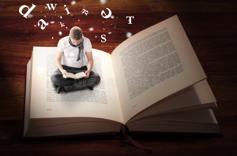 Man sitting and reading inside huge book. Man sitting and reading inside huge book