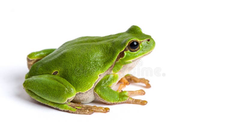 Seduta verde europea della rana di albero isolata su bianco