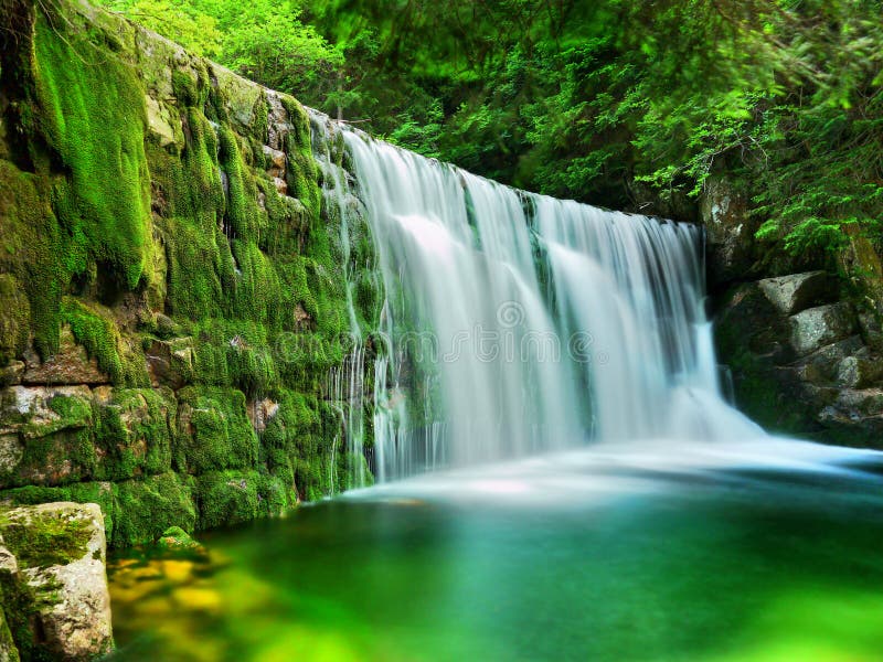 Beautiful Emerald Lake - scenery of forest waterfalls landscape flowing in summer. Beautiful Emerald Lake - scenery of forest waterfalls landscape flowing in summer.