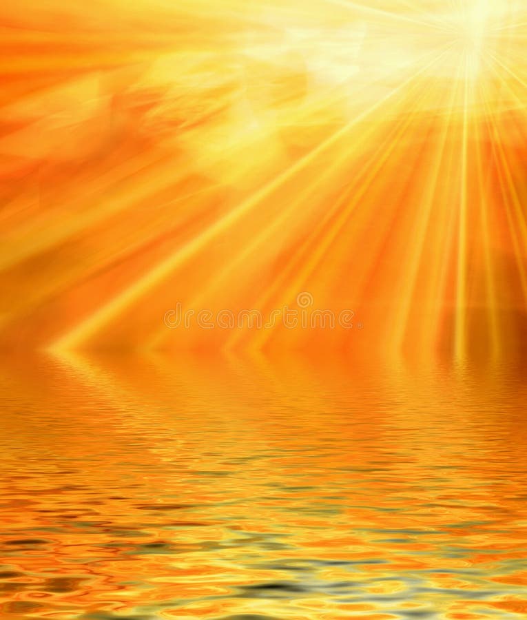 Spiritual theme or metaphor in this bright and vivid golden sunrise or sunset rendition of light and bursting rays or fireworks on the horizon with beautiful reflection on the peaceful water ripples below. Spiritual theme or metaphor in this bright and vivid golden sunrise or sunset rendition of light and bursting rays or fireworks on the horizon with beautiful reflection on the peaceful water ripples below.