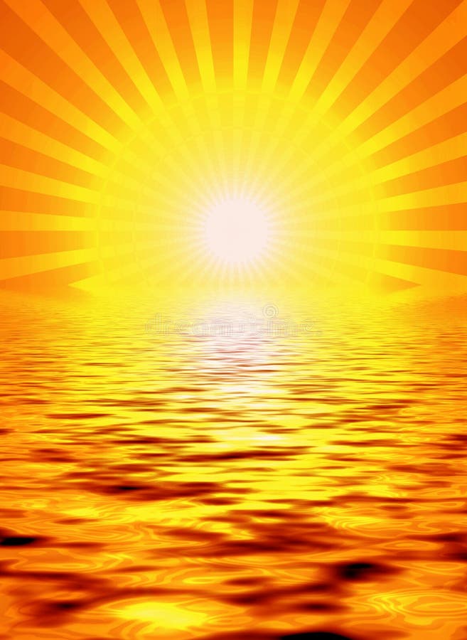 Spiritual theme or metaphor in this bright and vivid golden sunrise or sunset rendition of light and bursting rays on the horizon with beautiful reflection on the peaceful water ripples below. Spiritual theme or metaphor in this bright and vivid golden sunrise or sunset rendition of light and bursting rays on the horizon with beautiful reflection on the peaceful water ripples below.