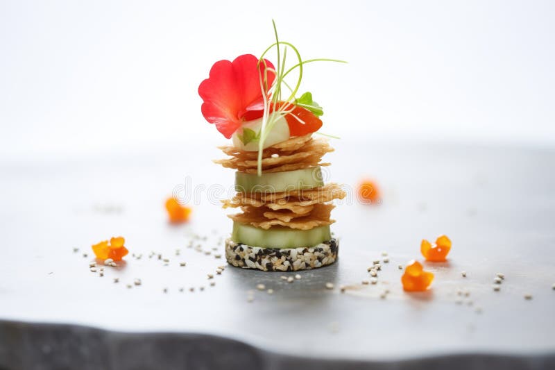 Seed crackers with tomato and cucumber, balanced on top, created with generative ai AI generated