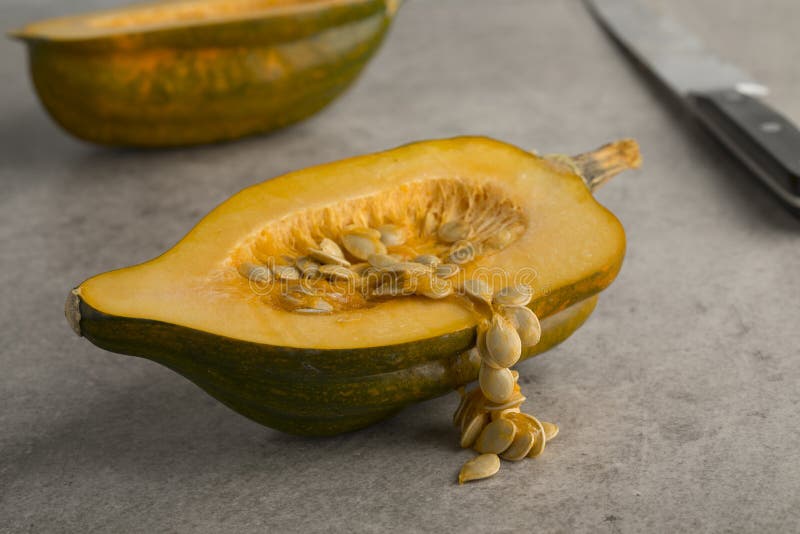 Seeds of a Halved Fresh Acorn Squash Close Up Stock Photo Image of