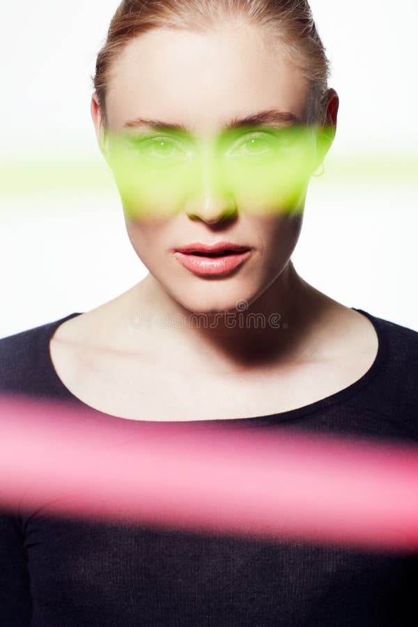 Seeing the World through Neon. Headshot of Stylish Model Highlighted ...