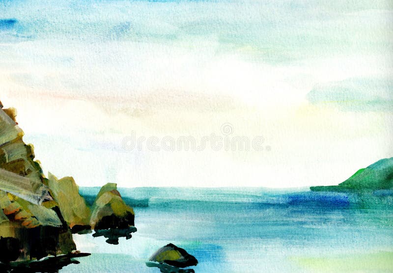 Seelandschaft, Seeseite, Strand, Berge, Felsen Sch?ne Aquarellhandmalereiillustration vektor abbildung Seelandschaft, Seeseite, Strand, Berge, Felsen Sch?ne Aquarellhandmalereiillustration vektor abbildung