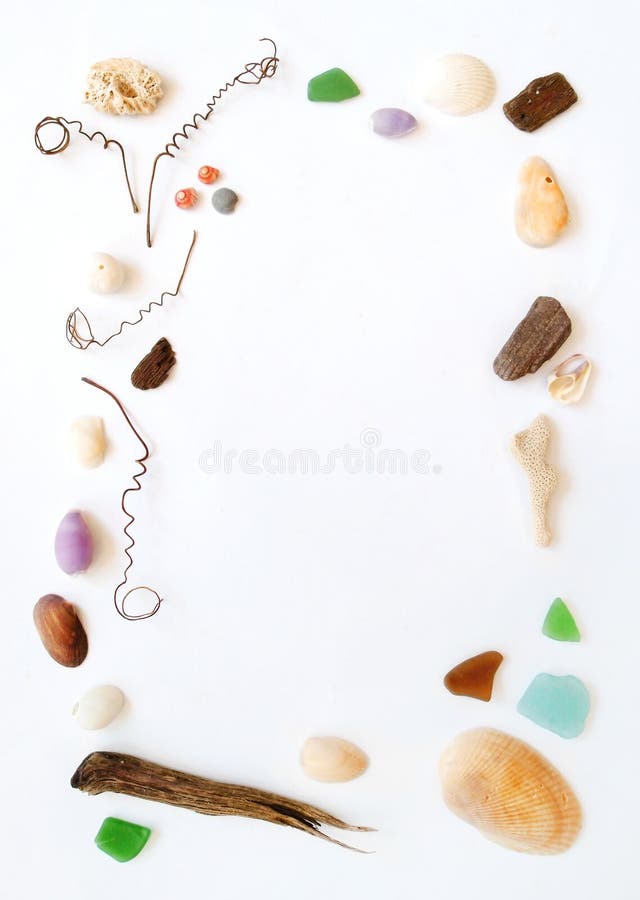 A fun concept photograph image of a frame or border made up with a collection of colorful objects picked up at the beach. Items include sea shells, drift wood pieces, sea glass, twigs, corals, etc. Concept image for beach and ocean holiday vacation planning. photograph with natural day lighting. nobody in picture. A fun concept photograph image of a frame or border made up with a collection of colorful objects picked up at the beach. Items include sea shells, drift wood pieces, sea glass, twigs, corals, etc. Concept image for beach and ocean holiday vacation planning. photograph with natural day lighting. nobody in picture.