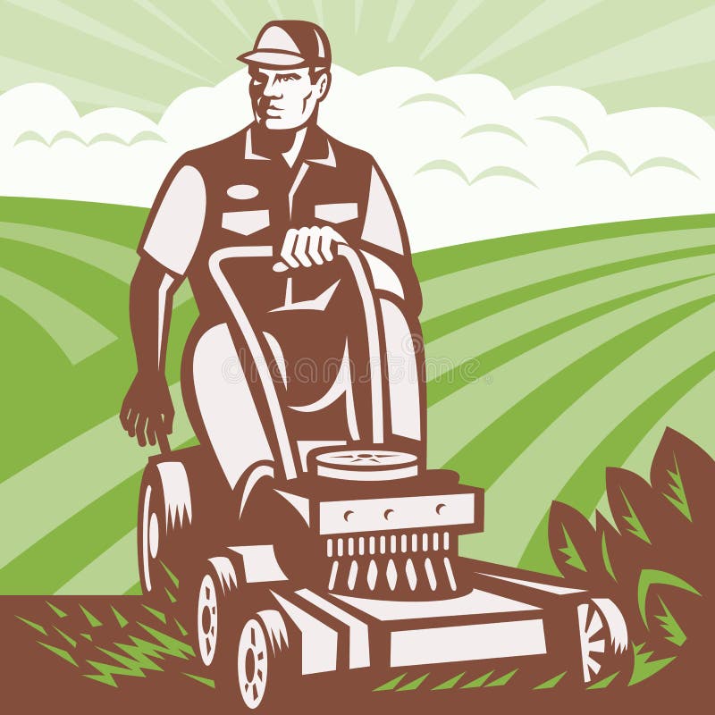 Segadeira de gramado da equitação do Landscaper do jardineiro retro ilustração stock Segadeira de gramado da equitação do Landscaper do jardineiro retro ilustração stock