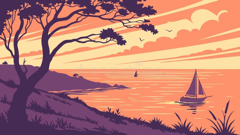 Segelbåtsfartyg för havsolnedgång nautiskt fartyg för årstidsfiske, vektordesign för generativ AI stock illustrationer