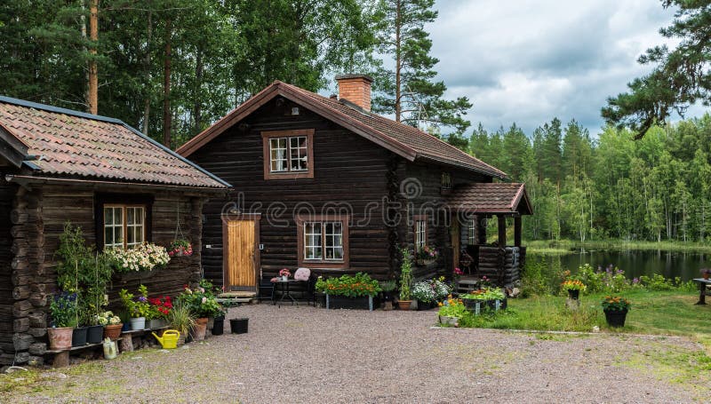 Segersta, Halsingland - Sweden - 08 04 2019: View over traditionale Swedish holiday homes in the fields