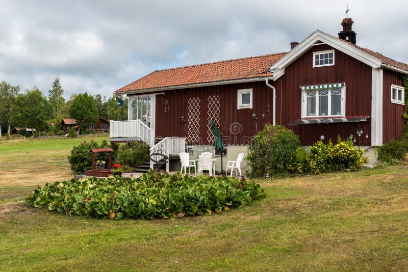 Segersta, Halsingland - Sweden - 08 04 2019: View over traditionale Swedish holiday homes in the fields