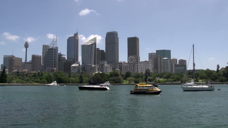 Segla fartyg och den lilla vattentaxien framme av Sydney horisont