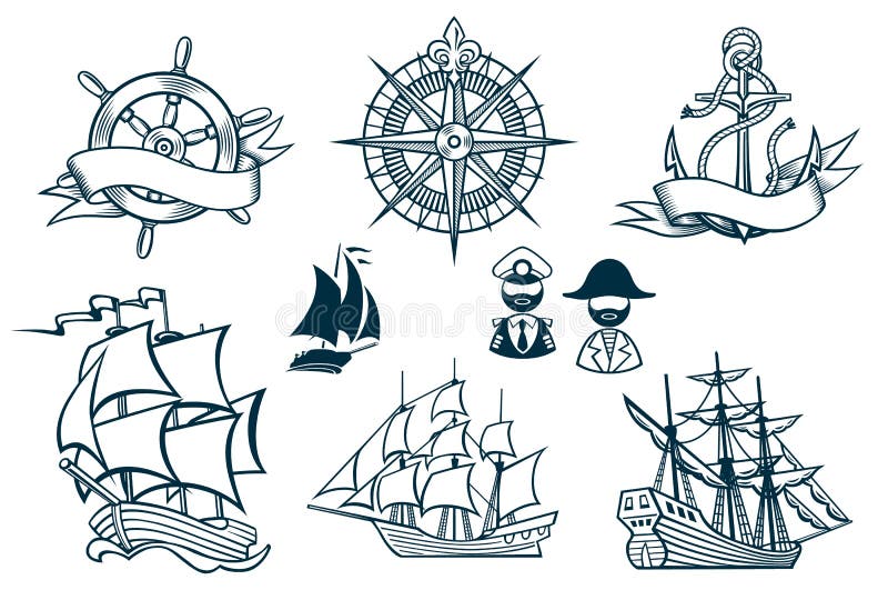 Segla shipsemblems Iconset stock illustrationer Segla shipsemblems Iconset stock illustrationer
