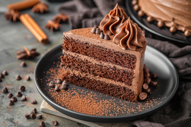 Segment av chokladkaka med chokladfrost på svart plåt royaltyfria bilder