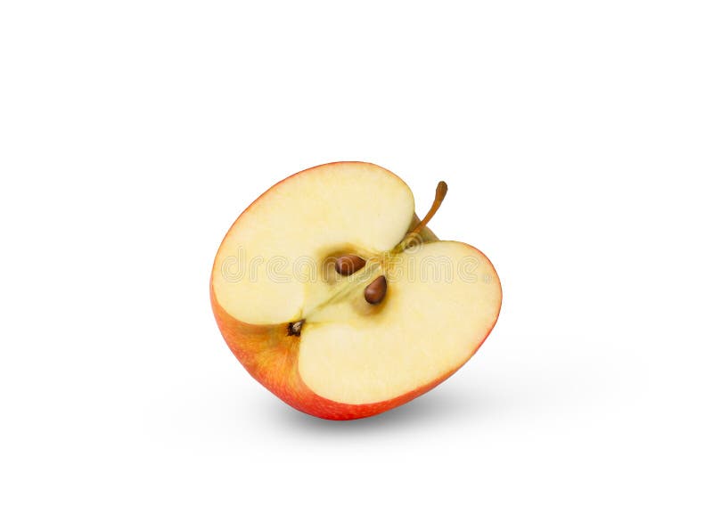 Segment av rosa äppelfrukt. Hälften av det röda juiceäpplet isolerat. Halva rödsafet äpple isolerat på vit bakgrund.