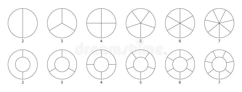 Segment slice sign. Wheel round diagram part. Circle section graph line art. Pie chart icon. 2,3,4,5,6,7 segment