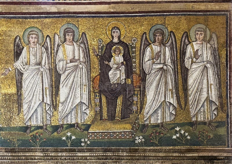 Pictured is a segment of the lower of three bands of mosaics on the left lateral wall of the Basilica of Sant Apollinare in Ravenna, Italy. This segment portrays the Madonna and Child surrounded by four angels. The entire mosaic band is a procession of 22 Virgins led by the Three Magi proceeding from the city of Classe towards this group. The Basilica was built by King Theodoric the Great in the early 6th century. Pictured is a segment of the lower of three bands of mosaics on the left lateral wall of the Basilica of Sant Apollinare in Ravenna, Italy. This segment portrays the Madonna and Child surrounded by four angels. The entire mosaic band is a procession of 22 Virgins led by the Three Magi proceeding from the city of Classe towards this group. The Basilica was built by King Theodoric the Great in the early 6th century.