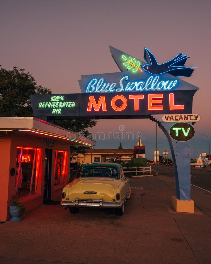 Vintage Blue Swallow Motel retro neon sign, on Route 66 in Tucumcari, New Mexico. Vintage Blue Swallow Motel retro neon sign, on Route 66 in Tucumcari, New Mexico