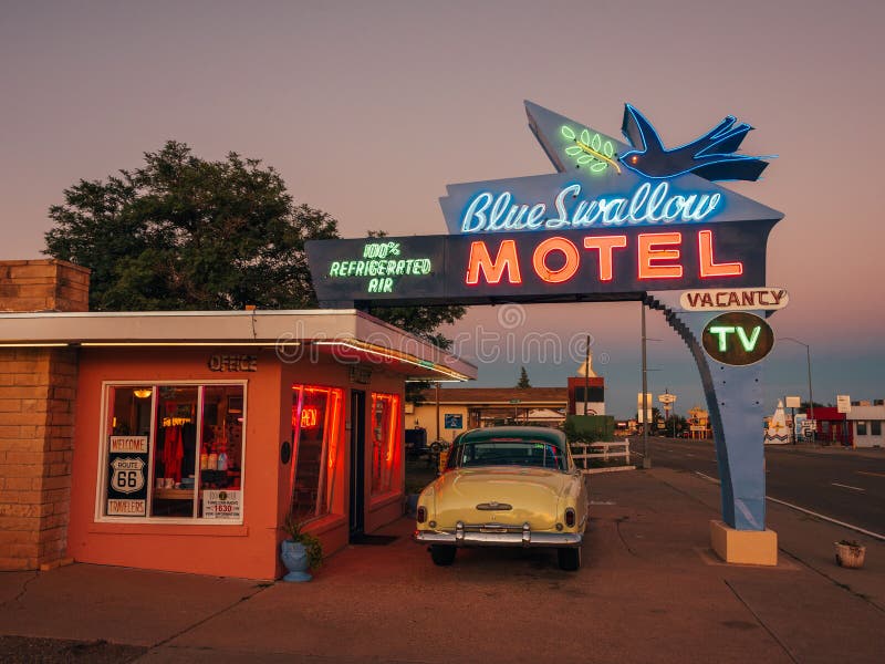 Vintage Blue Swallow Motel retro neon sign, on Route 66 in Tucumcari, New Mexico. Vintage Blue Swallow Motel retro neon sign, on Route 66 in Tucumcari, New Mexico