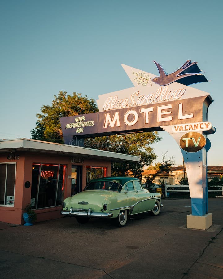 Vintage Blue Swallow Motel retro neon sign, on Route 66 in Tucumcari, New Mexico. Vintage Blue Swallow Motel retro neon sign, on Route 66 in Tucumcari, New Mexico