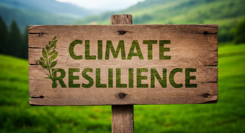 Segnale di resilienza climatica in legno in paesaggio verde scenico illustrazione di stock