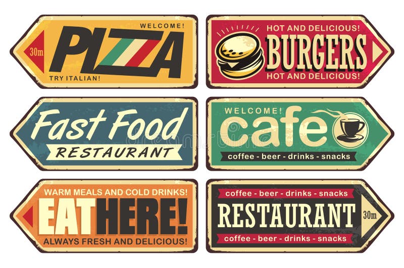 Segnali stradali d'annata messi per il caffè, la pizza, l'hamburger ed il fast food royalty illustrazione gratis