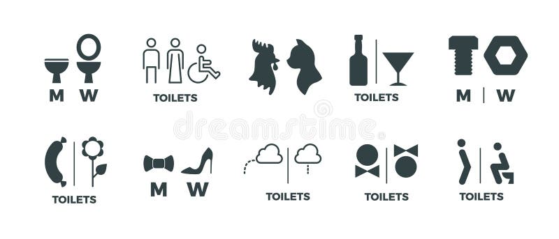 Segni della toilette Lui lei segnali di direzione del bagno di simboli, dell'uomo e della donna della porta del WC Icone diverten illustrazione vettoriale
