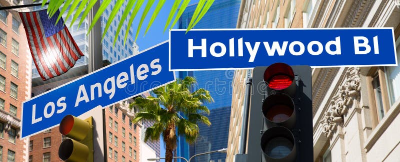 Segni a luci rosse di Hollywood Los Angeles sul foto-supporto di California