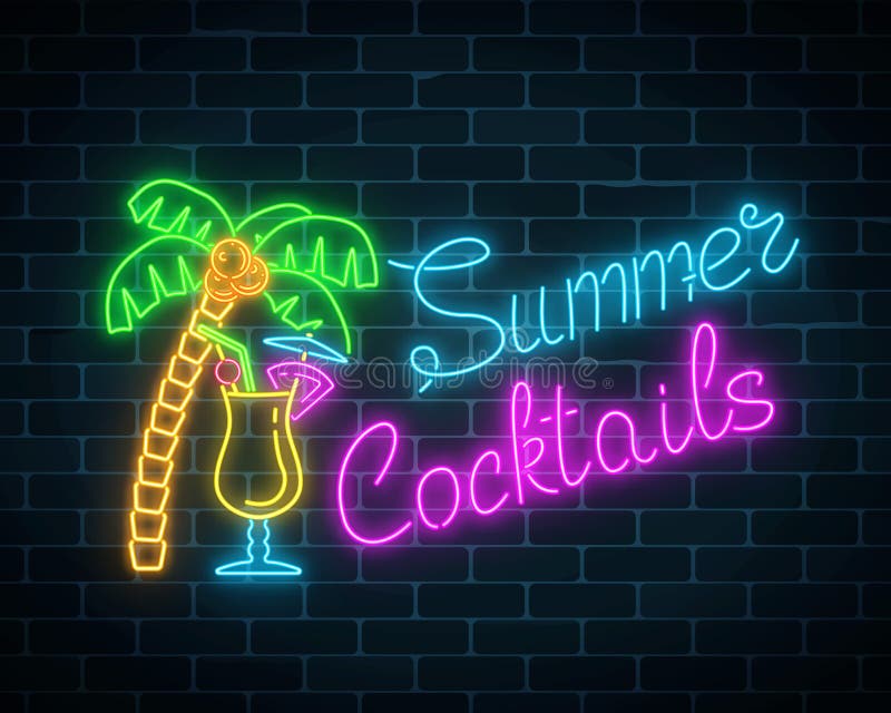 Segno al neon della barra dei cocktail di estate La pubblicità d'ardore del gas con l'alcool di colada di pina scuote e palma royalty illustrazione gratis Segno al neon della barra dei cocktail di estate La pubblicità d'ardore del gas con l'alcool di colada di pina scuote e palma royalty illustrazione gratis