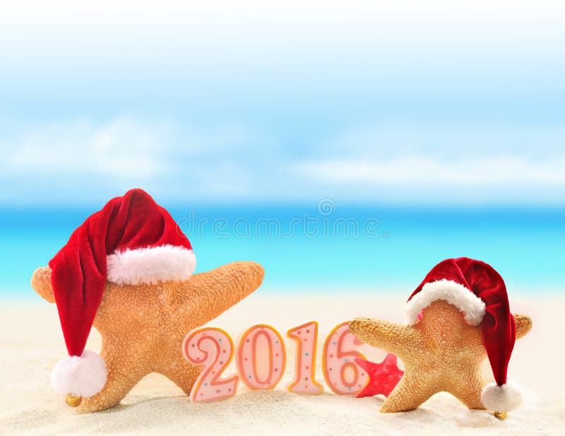 Segno del nuovo anno 2016 con le stelle marine in cappello di Santa Claus fotografie stock libere da diritti Segno del nuovo anno 2016 con le stelle marine in cappello di Santa Claus fotografie stock libere da diritti