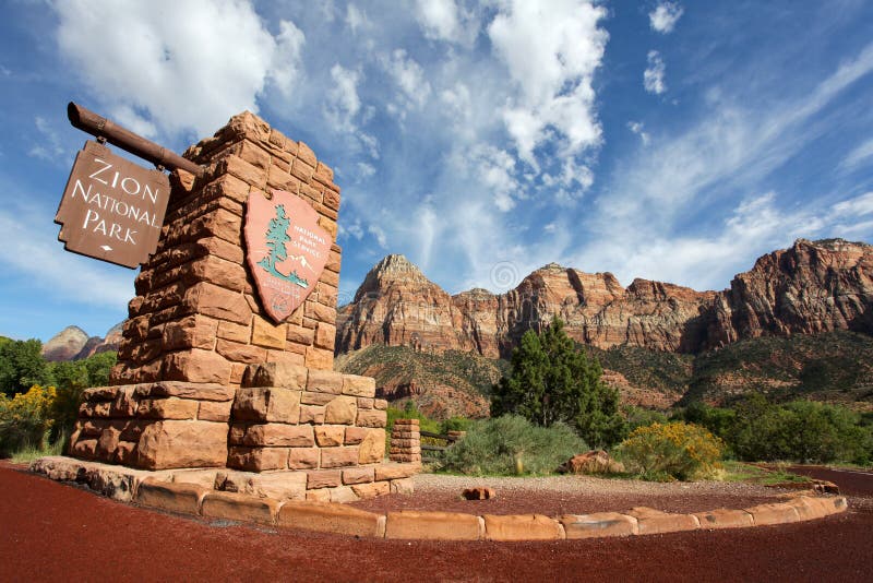 Wide angle shot of Zion National Park entrance sign. Wide angle shot of Zion National Park entrance sign
