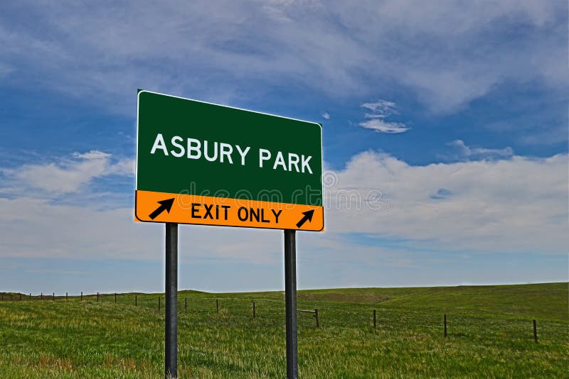 Segno dell'uscita della strada principale degli Stati Uniti per il parco di Asbury immagine stock Segno dell'uscita della strada principale degli Stati Uniti per il parco di Asbury immagine stock