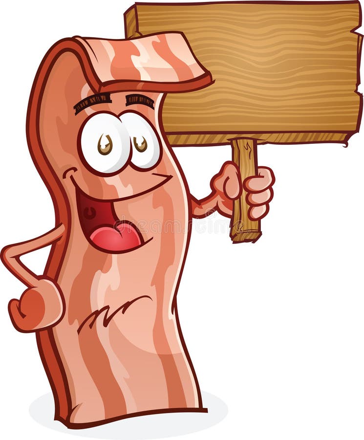 Bacon character holding a sign, ready for a balanced breakfast!. Bacon character holding a sign, ready for a balanced breakfast!