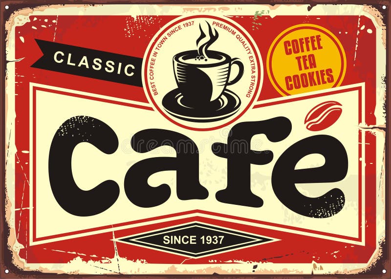 Cafe bar retro tin sign. Vintage coffee shop sign board with coffee cup on red background. Cafe bar retro tin sign. Vintage coffee shop sign board with coffee cup on red background