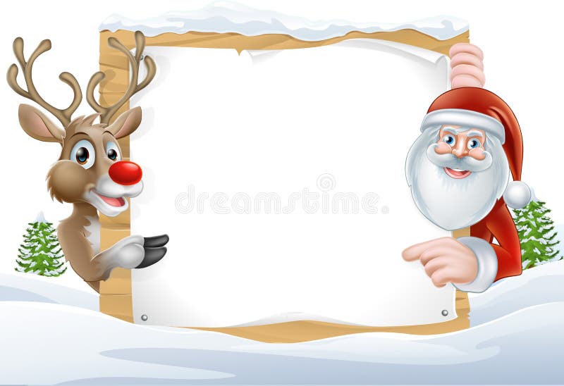 Cartoon Reindeer and Santa pointing at a snow covered sign in a winter landscape. Cartoon Reindeer and Santa pointing at a snow covered sign in a winter landscape