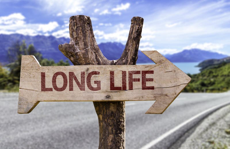 Segno di legno di lunga vita con un fondo della via immagini stock libere da diritti Segno di legno di lunga vita con un fondo della via immagini stock libere da diritti
