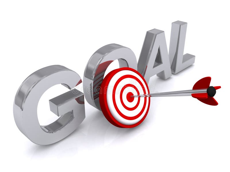 3d illustration of a goal sign with an arrow in the center of a target, business concept on white background. 3d illustration of a goal sign with an arrow in the center of a target, business concept on white background.