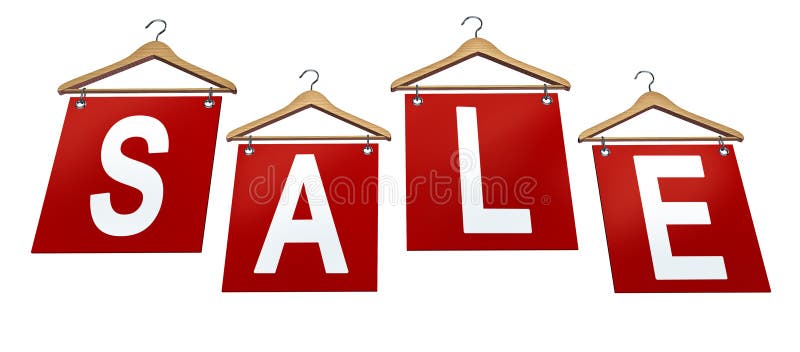 Clothing Sale Sign with classic wooden clothes hangers and big red banners with advertising and marketing communication for consumers to buy at a retail store to achieve business and financial success. Clothing Sale Sign with classic wooden clothes hangers and big red banners with advertising and marketing communication for consumers to buy at a retail store to achieve business and financial success.