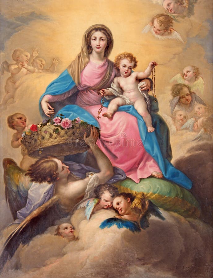 SEGOVIA, SPAIN, APRIL - 14, 2016: The painting Madonna with the Child among the angels by Don Ramon Bayeu (1789) in Cathedral of Our Lady of Assumption and Chapel Our Lady of Rosary. SEGOVIA, SPAIN, APRIL - 14, 2016: The painting Madonna with the Child among the angels by Don Ramon Bayeu (1789) in Cathedral of Our Lady of Assumption and Chapel Our Lady of Rosary.