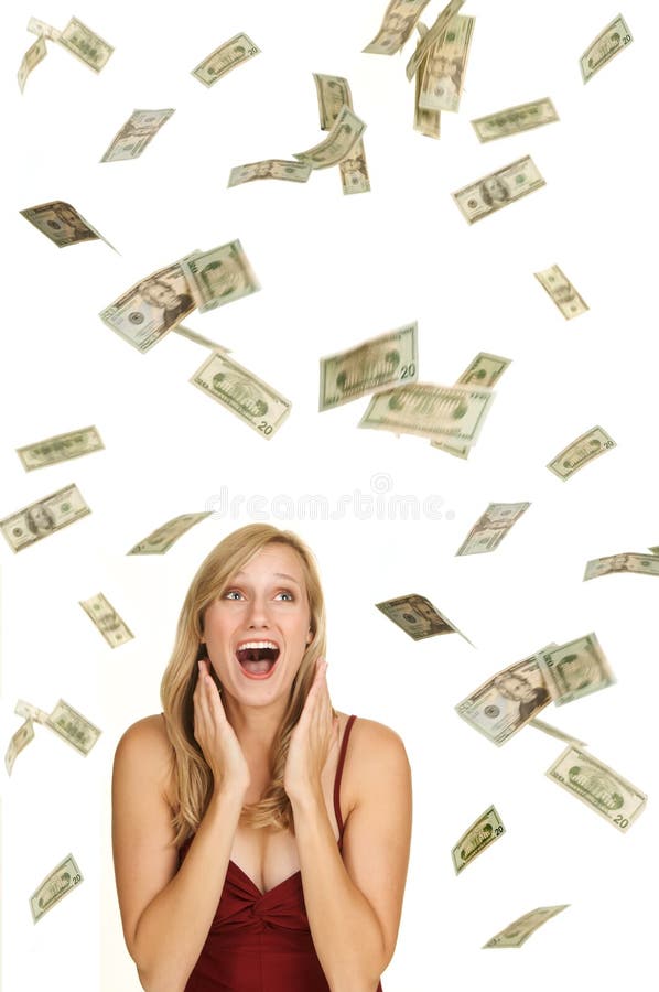 Beautiful blond in red dress on white backgrond with hundred and twenty dollars bills falling around her. Beautiful blond in red dress on white backgrond with hundred and twenty dollars bills falling around her