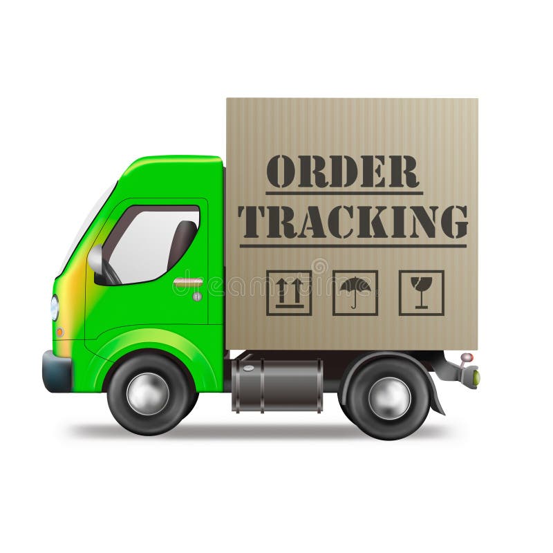 Order tracking package from internet shop cardboard box delivery truck. Order tracking package from internet shop cardboard box delivery truck