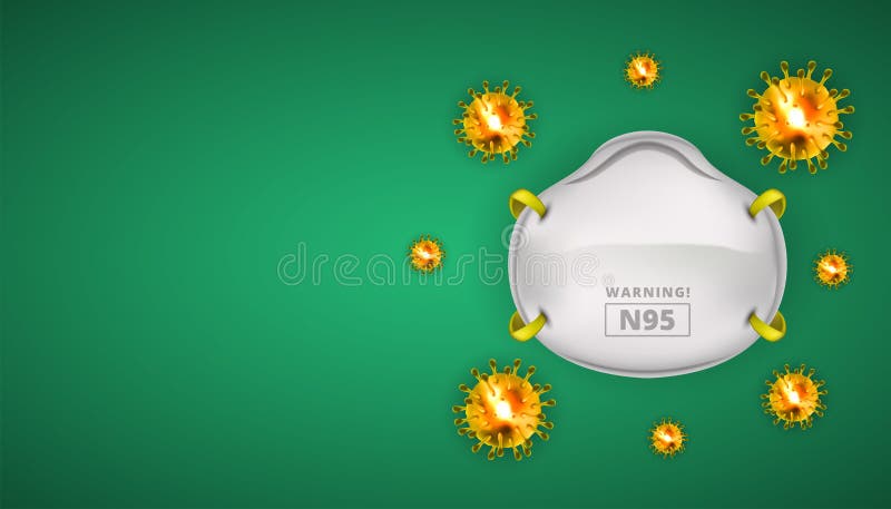 Segurança da máscara de rosto N95 para Coronavírus 3d vetor realista em fundo verde com espaço em branco célula do vírus corona