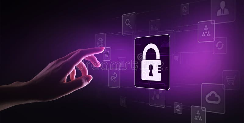 Seguridad cibernética, protección de datos personal, aislamiento de la información Icono del candado en la pantalla virtual Conce ilustración del vector Seguridad cibernética, protección de datos personal, aislamiento de la información Icono del candado en la pantalla virtual Conce ilustración del vector