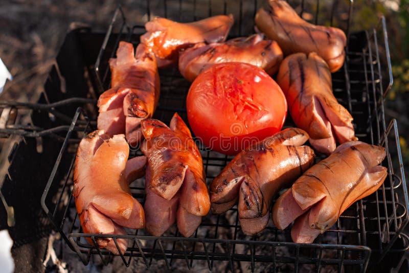Sehr geschmackvolle Würste gegrillt mit Tomaten Picknick in der Natur stockfotos Sehr geschmackvolle Würste gegrillt mit Tomaten Picknick in der Natur stockfotos