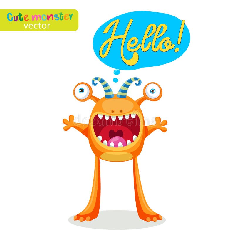 Sehr glückliches buntes Monster für verschiedene Gefühle Lustiger Charakter mit Sprache-Blase hallo! lizenzfreie abbildung Sehr glückliches buntes Monster für verschiedene Gefühle Lustiger Charakter mit Sprache-Blase hallo! lizenzfreie abbildung