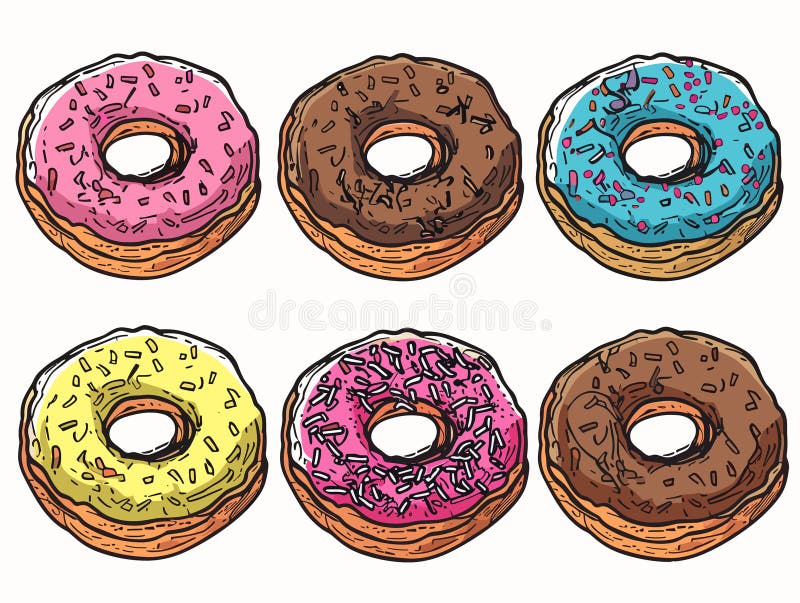 Sei ciambelle colorate disegnate a mano illustrazione di vari tipi di conciatura dolce. assorbito illustrazione vettoriale
